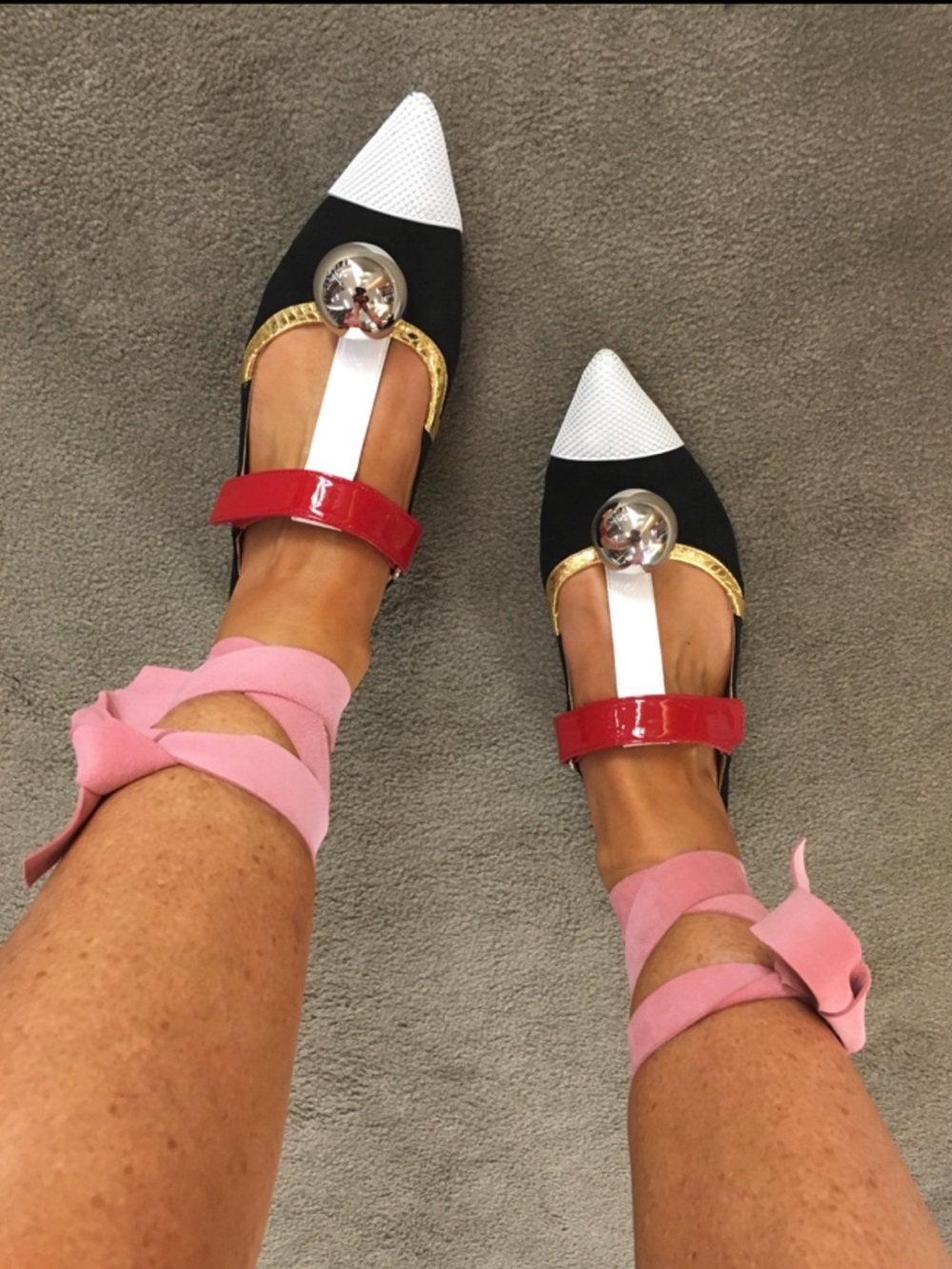 Prada Black & White Pointed Flats with Red Strap, Pink Ankle Wraps Worn Once